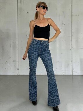 Hollister Curvy High Rise Vintage Flare Jean 3 W26 Blue Floral Checkerboard